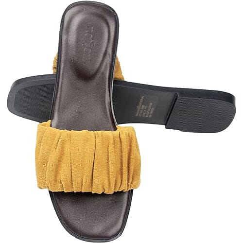 Roxoni Women's Ruched Fabric Slide Sandals Open Toe Flat Sandals with Heel Cushion